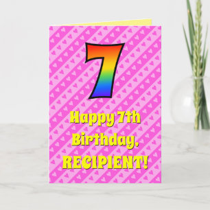 7. Geburtstag: Rosa Streifen & Herz, Regenbogen # Karte