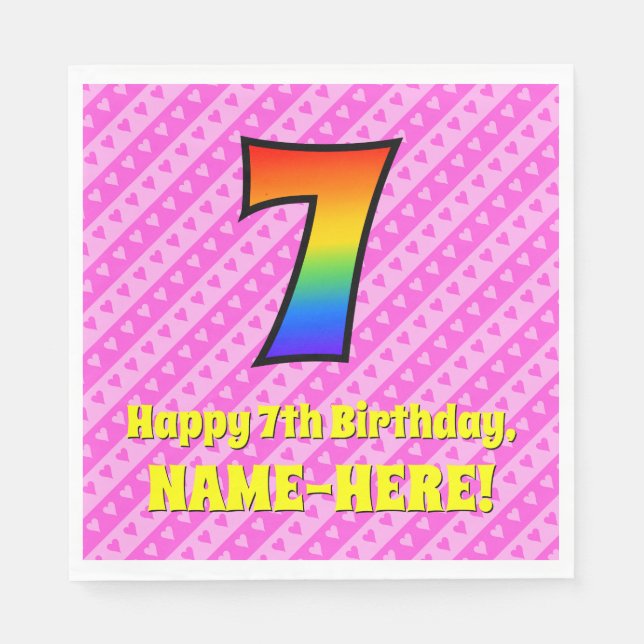 7. Geburtstag: Rosa Streifen & Herz, Regenbogen #  Serviette (Vorderseite)