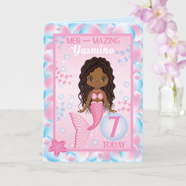7 Jahre alte schwarze Meerjungfrau | Happy Birthda Karte (Orchidee)