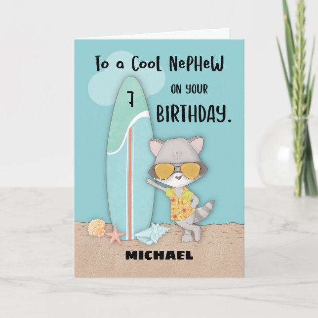7. Nephew Birthday Beach Funny Cool Raccoon Karte (Vorderseite)