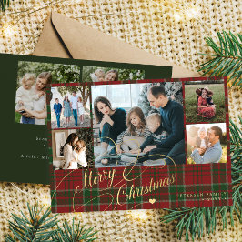 7 photos Merry Christmas script red green plaid  Feiertagskarte