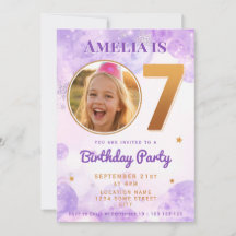 7 Purple Gold Star Bubbles Birthday Invitation