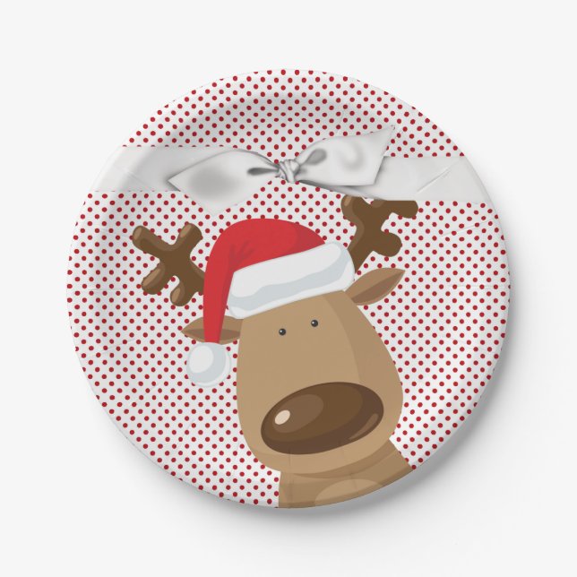 7" Round Paper Plate Rentier Christmas XMAS Polka Pappteller (Vorderseite)