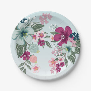 7" Round Paper Plate Tropical Blume auf Blue Ombre Pappteller