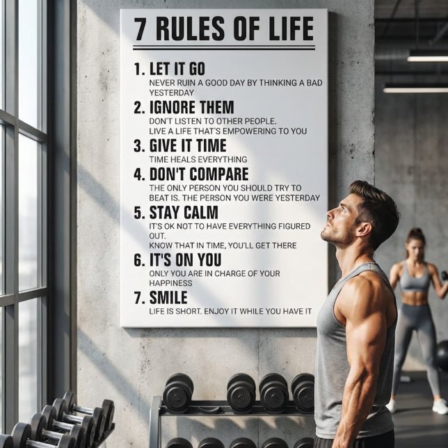 7 Rules of Life Motivational Quote Modern Script Leinwanddruck (7 Rules of Life Motivational Quote Modern Black & White Inspirational Wall Art | Gym Motivation)
