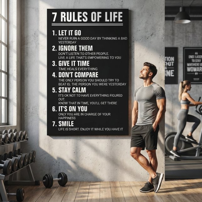 7 Rules of Life Motivational Quote Modern Script Leinwanddruck (7 Rules of Life Motivational Quote Modern Black & White Inspirational Wall Art)