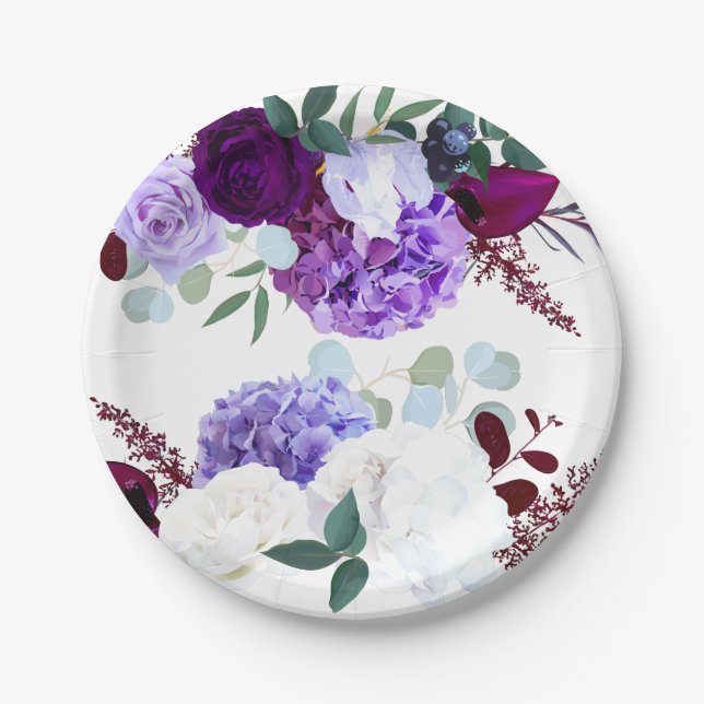7" Runder Paper Platin Lavendel Hibiskus auf Weiß Pappteller (Vorderseite)