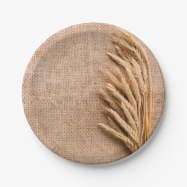 7" Rundpapierplatte Weizen auf Burlap-Sack-Land Pappteller (Vorderseite)