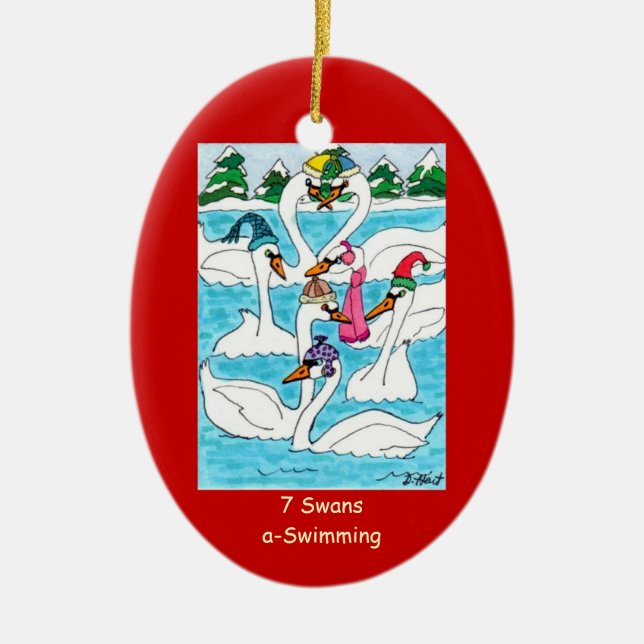 7 Schwäne eine Schwimmen Keramikornament (Vorne)