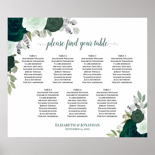 7 Tabelle Emerald Green Floral Wedding Chart Poster (Vorne)