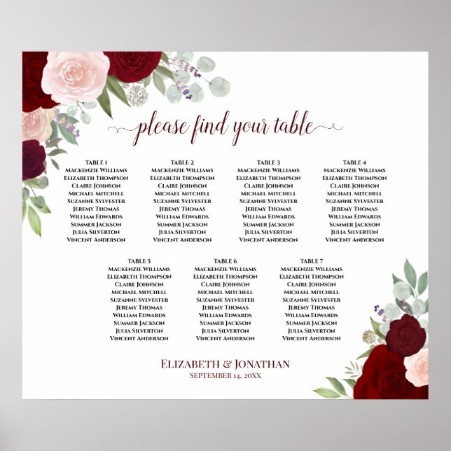 7 Tabelle Rose Rot und Blüte Sitzdiagramm Poster (Vorne)