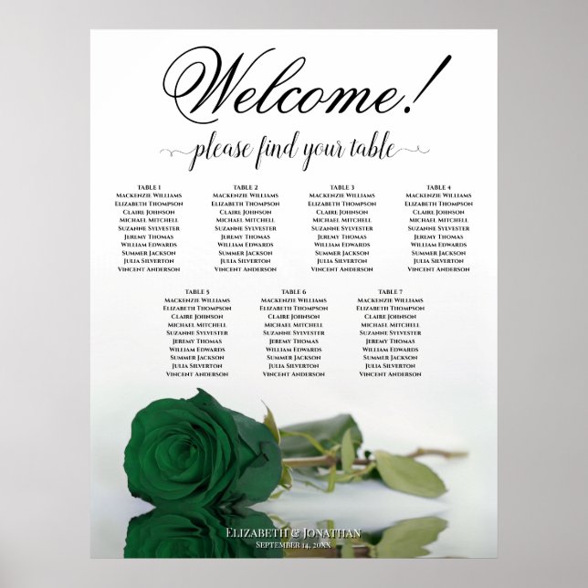 7 Tabelle Smaragdgrüne Rose Hochzeitskarte Poster (Vorne)