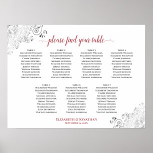 7 Tabelle Weiß & Rot Frilly Wedding Seating Chart Poster