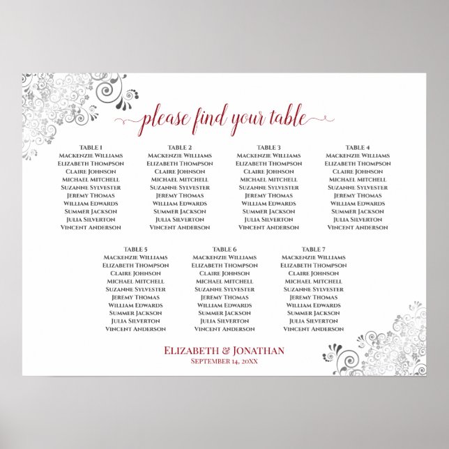 7 Tabelle Weiß & Rot Frilly Wedding Seating Chart Poster (Vorne)