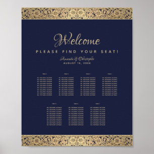 7 Tables Navy Blue Wedding Chart Gold Rose Poster