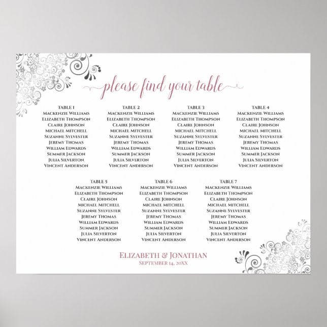 7 Tafelweiß und Rose Frily Wedding Seating Chart Poster (Vorne)