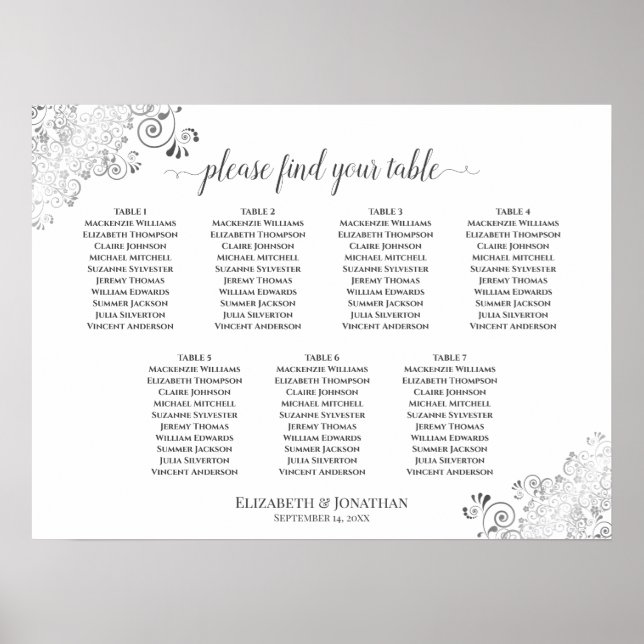 7 Tafelweiße Hochzeitssatteltafel Silber Frills Poster (Vorne)