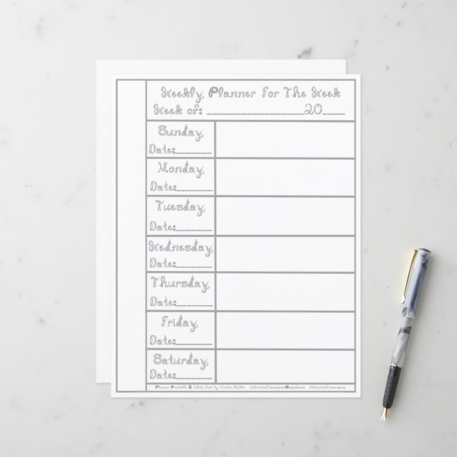 7 Tage Silver Fabric Schriftart Weekly Planner Sta (Vorderseite/Rückseite Beispiel)