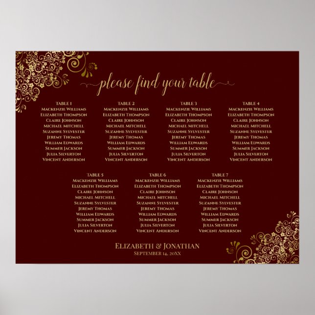 7 Tisch Hochzeitskarte Gold Frills Auburn Poster (Vorne)