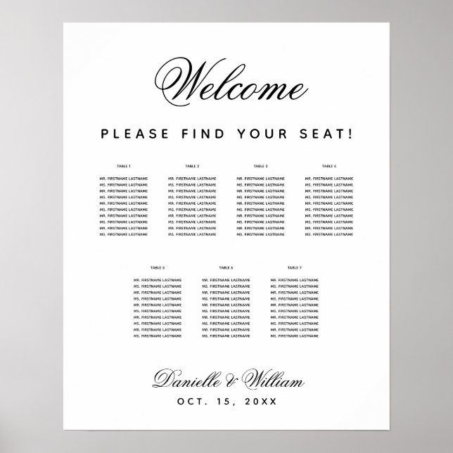 7 Tische Einfache Schwarz-weiße Hochzeitssitzkarte Poster (Vorne)
