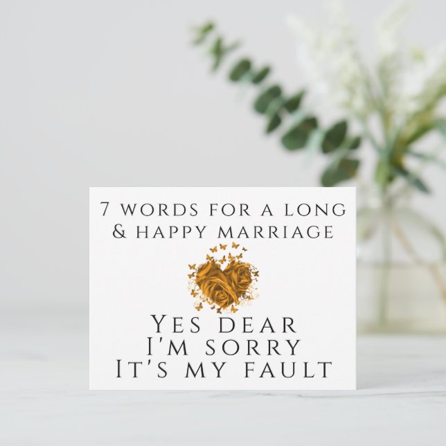 7 Worte für eine lange und glückliche Ehe Postkarte (Stehend Vorderseite)