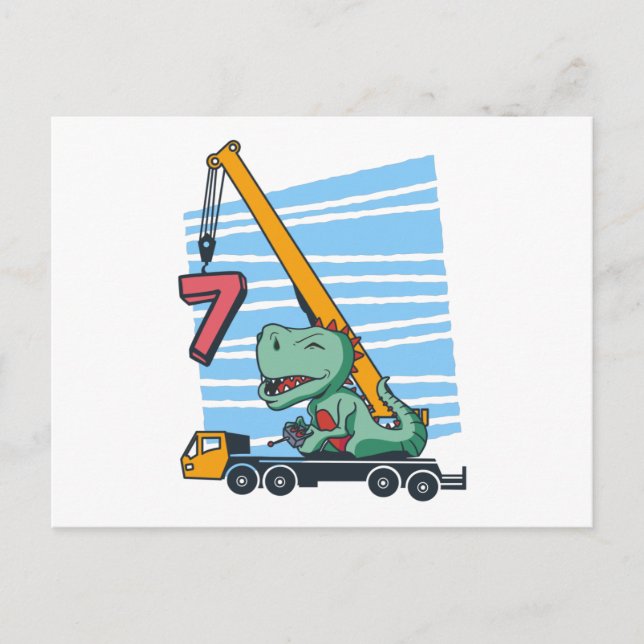 7 years 7th Birthday Mobile Crane Dinosaur Postkarte (Vorderseite)
