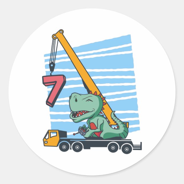 7 years 7th Birthday Mobile Crane Dinosaur Runder Aufkleber (Vorderseite)