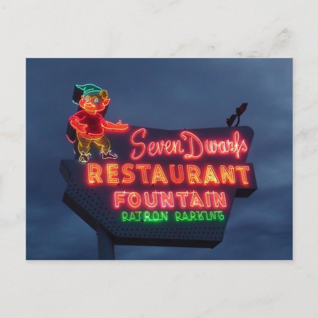 7 Zwerge Restaurant in Wheaton Il. Retro Neon Sign Postkarte (Vorderseite)
