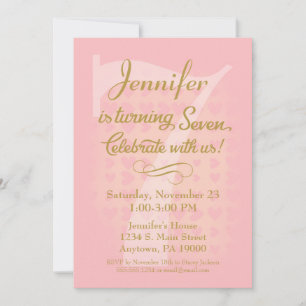 7e anniversaire Invitation Girls Pink Gold Hearts