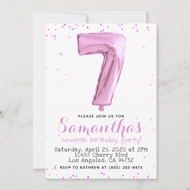 7e anniversaire Pastel Pink Balloon Invitation (Devant)