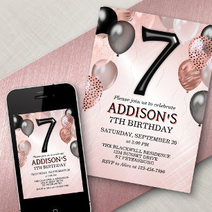 7e anniversaire Rose Gold Balloons Invitation