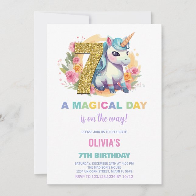 7e anniversaire Unicorn Anniversaire Invitations (Devant)