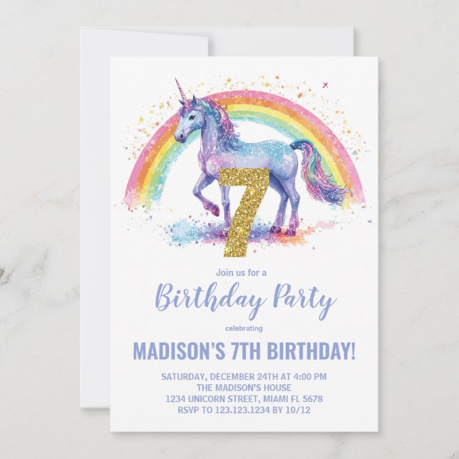 7e Rainbow Unicorn Invitations d'anniversaire (Devant)