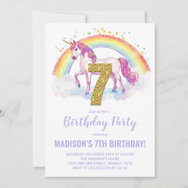 7e Rainbow Unicorn Invitations d'anniversaire (Devant)