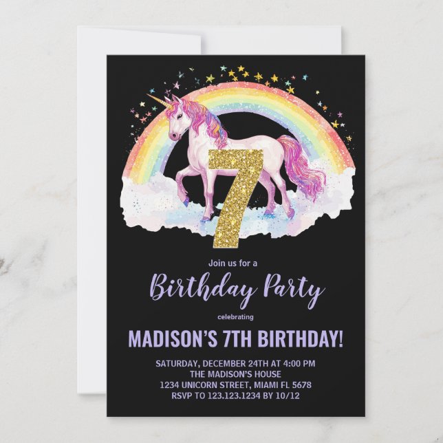 7e Rainbow Unicorn Invitations d'anniversaire (Devant)