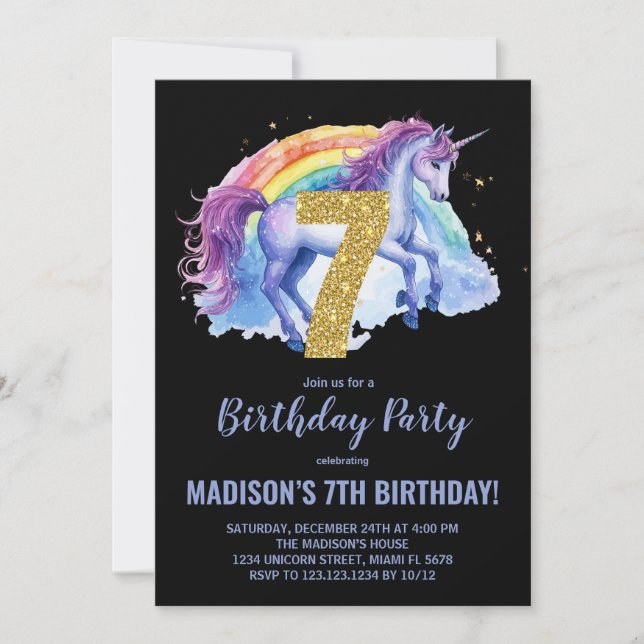 7e Rainbow Unicorn Invitations d'anniversaire (Devant)