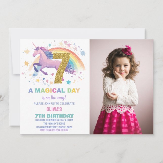 7e Unicorn Anniversaire Invitations avec photo (Devant)