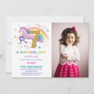 7e Unicorn Anniversaire Invitations avec photo