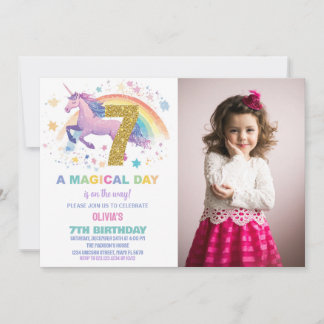 7e Unicorn Anniversaire Invitations avec photo
