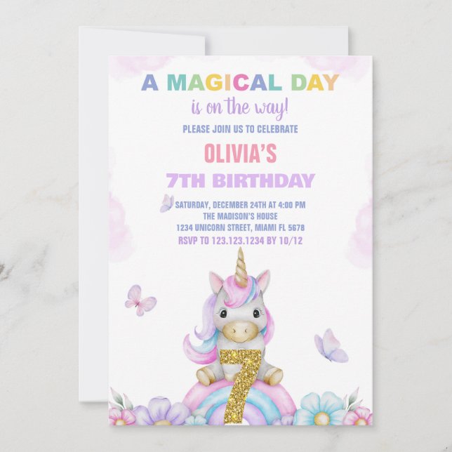 7e Unicorne florale Invitations d'anniversaire (Devant)