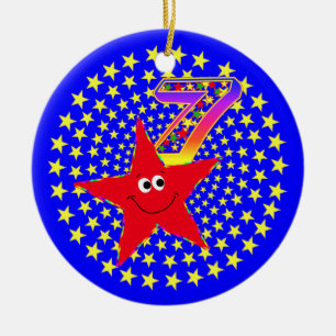 7ème Ornement rond d'étoile rouge d'anniversaire
