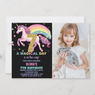 7ème Unicorn Invitations Anniversaire Noir avec ph