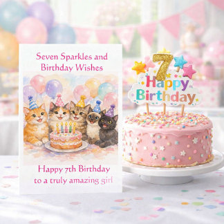 7th Birthday Card for Girls Festive Cat Party  Karte