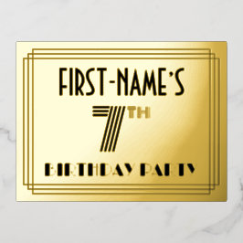 7th Birthday Party ~ Art Deco Style “7” + Name Folie Einladungspostkarte
