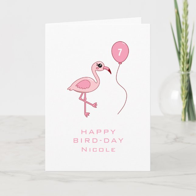 7th Birthday Pink Flamingo Happy Bird-day Card Karte (Vorderseite)