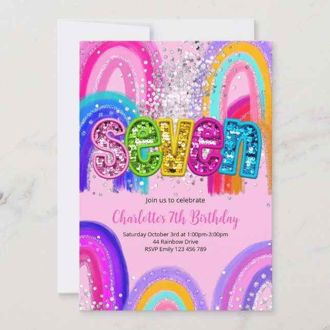 7th Birthday Sequin Rainbow Party Invitation Einladung (Vorderseite)