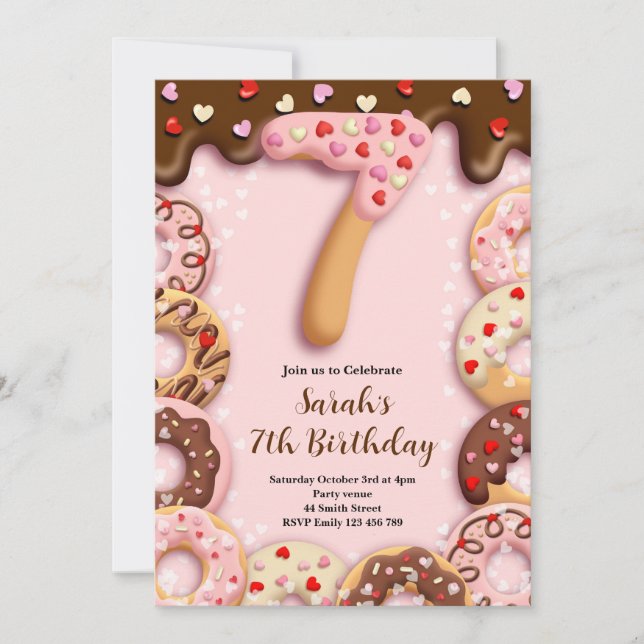 7th Donut Birthday Girls Invitation Einladung (Vorderseite)