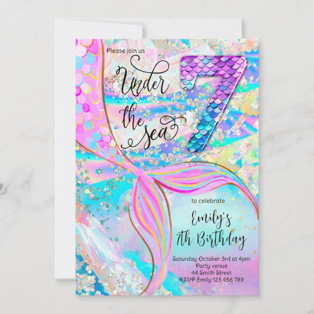 7th Mermaid Birthday Under the Sea Invitation Einladung (Vorderseite)