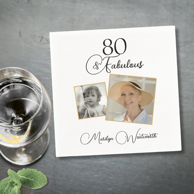 80 and Fabulous 80th Birthday Black Script Photo Serviette (Von Creator hochgeladen)