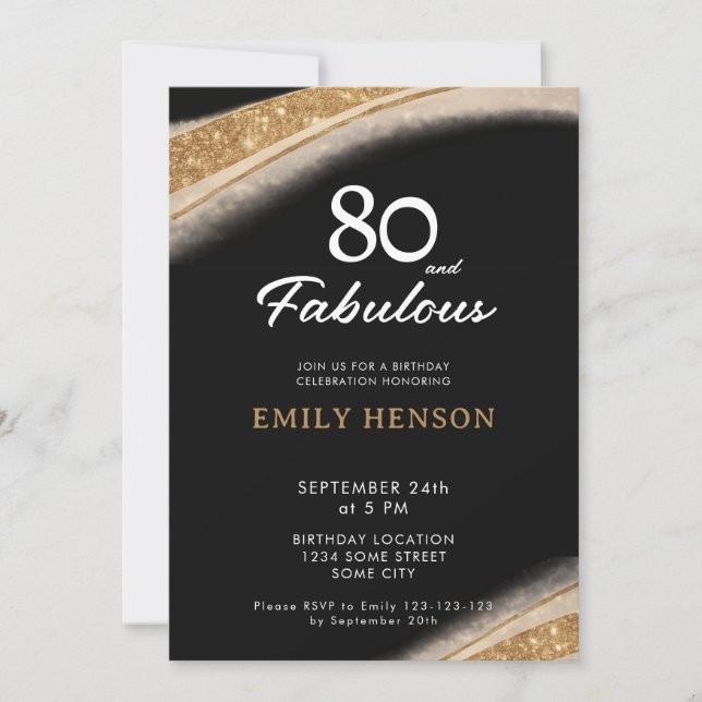 80 and Fabulous Black Gold Birthday Einladung (Vorderseite)